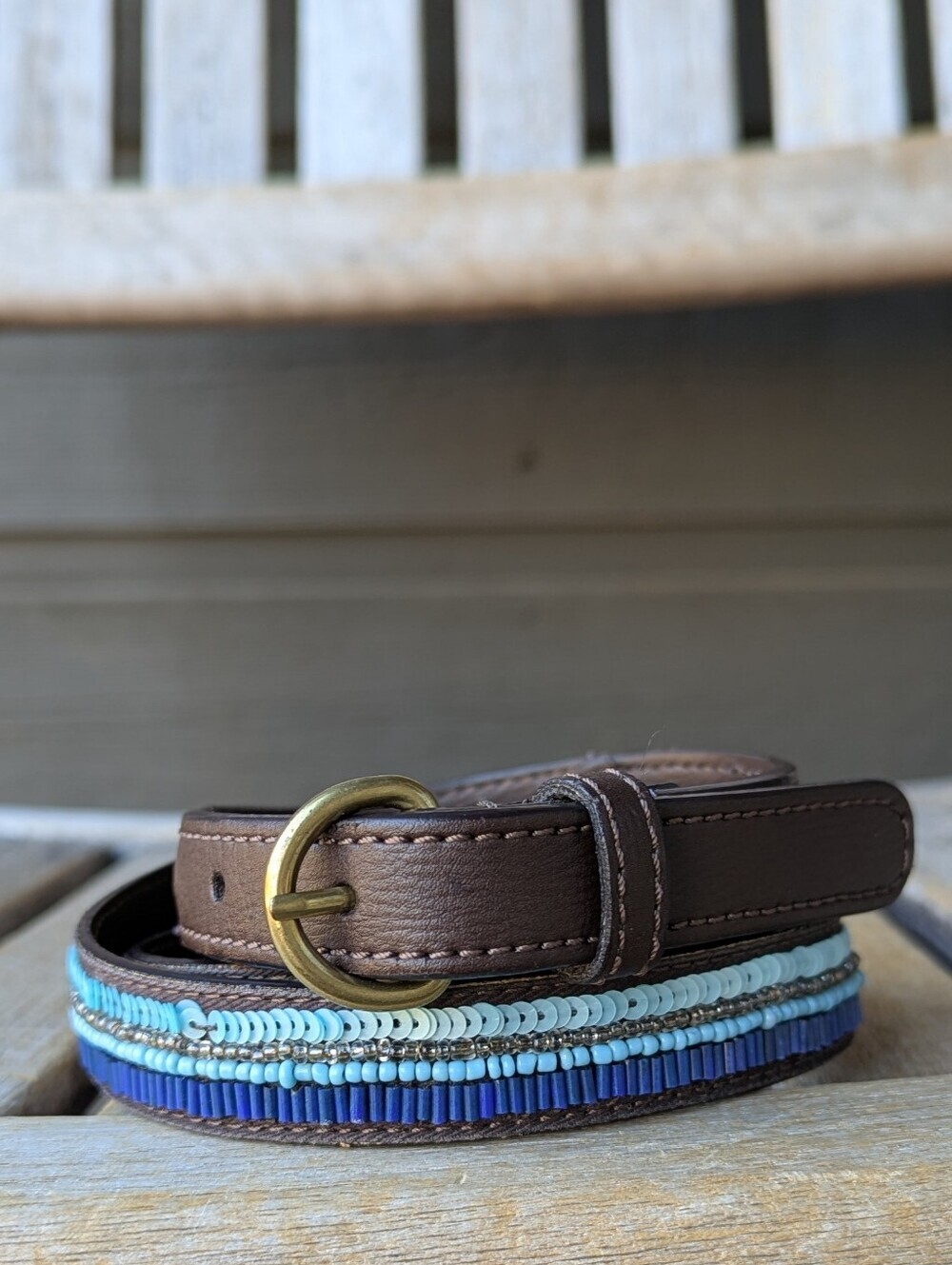 NWOT LOFT Blue Beaded Dark Brown Vegan Skinny Leather Belt Size Small